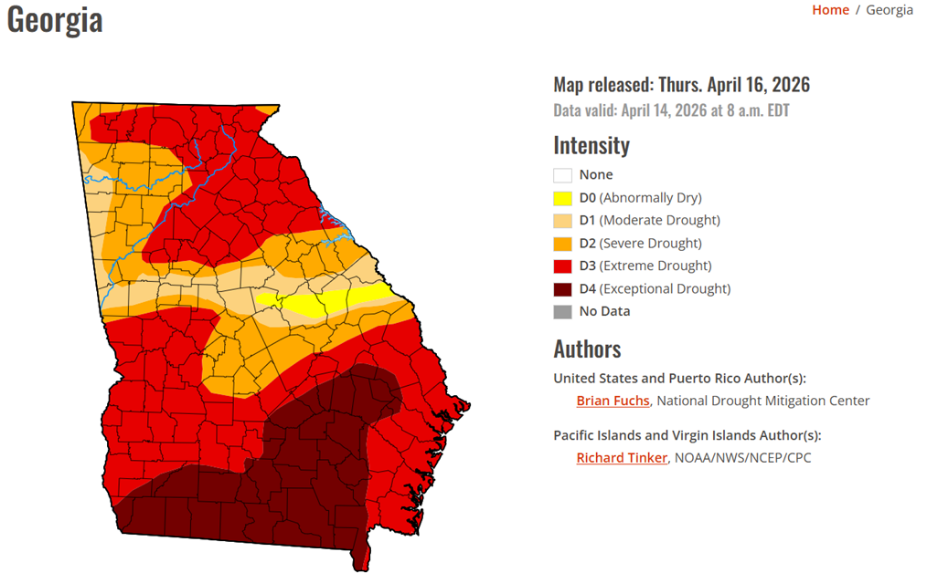 This is a heat map for drought intense counties for April 16, 2026. Link to additional data below.