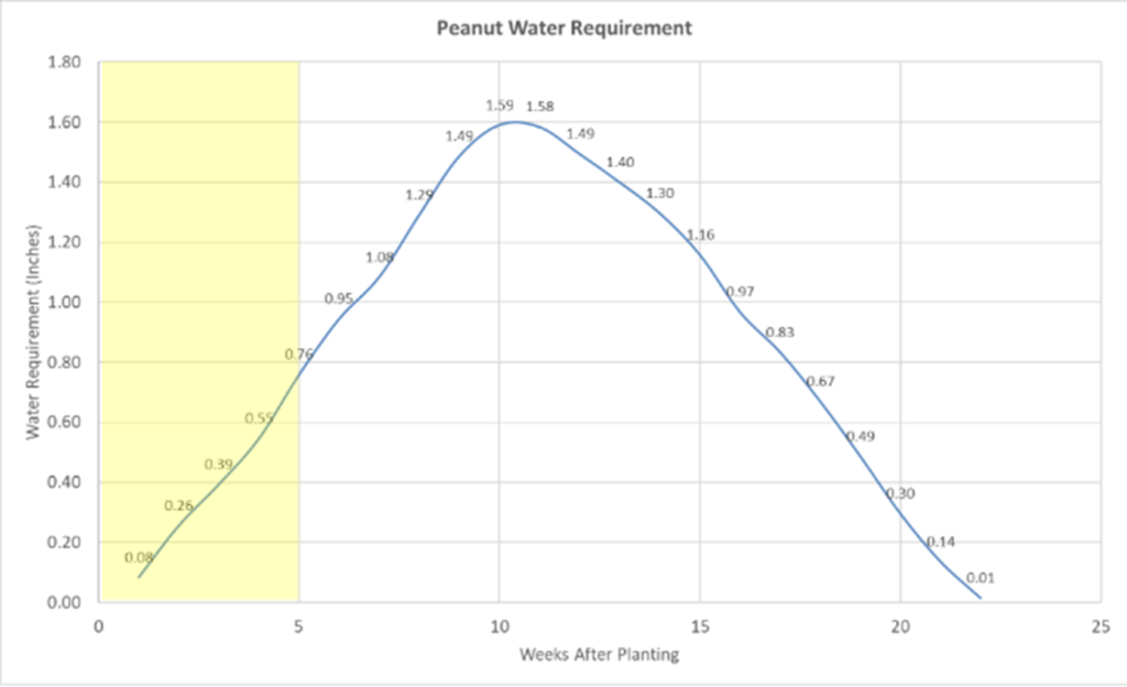 Line graph showing peanut water requirement over 24 weeks after planting, with water needs measured in inches on vertical axis and weeks on horizontal axis. Water requirement rises steadily, peaking at 1.59 inches around week 10, then gradually declines to near zero by week 24, highlighting critical irrigation period.