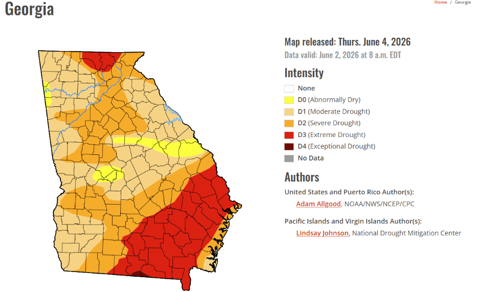 US Drought Monitor for Georgia on June 4th, 2026.